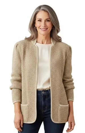 Vintage 80s Adele Joyce Boucle Cardigan Sweater Large Oatmeal Open Front Tan thumbnail 1