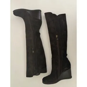 ALBERTO FERMANI Brown Suede Knee High Wedge Boots Italy Italian Size 37.5 thumbnail 2