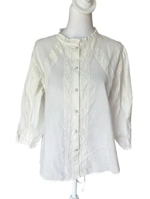 Tasha Polizzi White Cotton Lace Victorian Peasant Button Up Blouse Womens Medium thumbnail 1