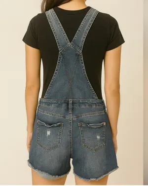 XS High Rise Distressed Jean Overalls – Vintage Look Short Romper (F10) thumbnail 2
