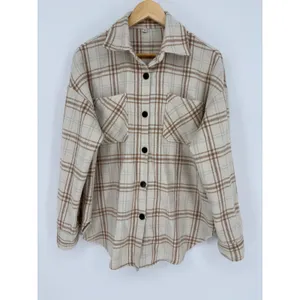 Plaid Shacket Women Medium Tan Oversized Flannel Button Up Shirt Neutral Cozy thumbnail 2