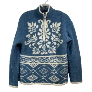 Berkley Jensen Blue White Nordic Floral Fleece Quarter Zip Pullover Small thumbnail 1