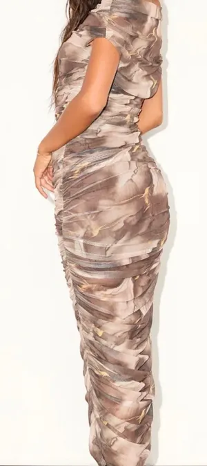 NWT Lulus Size XXS Sunama Taupe Abstract Mesh Ruched Bodycon Midi Dress Glam thumbnail 1