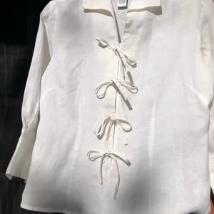 Pink Ribbon Collection White 100% Linen Tie Front Shirt Blouse M thumbnail 1