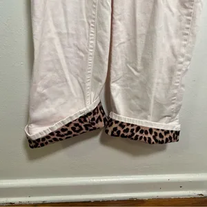 Q2 Premium Denim Womens Sz XS Wide Leg Pants Leopard Print Trim Cream Light Pink thumbnail 5