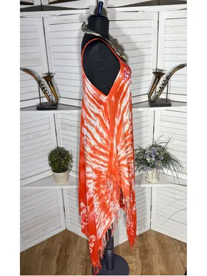Vintage gauze cotton boho dress tie dye asymmetrical beach cover up fringes S M thumbnail 3