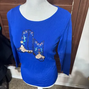 VTG Sweaterworks Top Beaded Sequined‎ Royal Blue Knit Cowboy boots Cowgirl sz S thumbnail 3