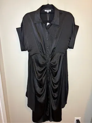 NWT Steve Madden Tori Black Satin Ruched Tie Waist Midi Dress Size 6 thumbnail 11
