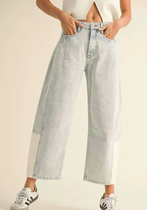 Miou Muse Color Combo Barrel Jeans in Blue thumbnail 1
