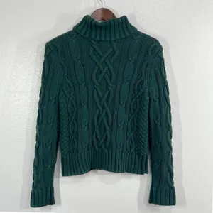 Lands End Drifter Womens M 10-12 Cotton Cable Knit Roll Neck Sweater Dark Green thumbnail 3