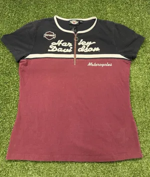 Harley Davidson 1/4 Zip Two Tone T-Shirt Women's Size Med Y2K Maroon Black White thumbnail 1