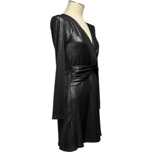 Altar'd State Long Sleeve Twisted Front Plunge Mini Dress Metallic Black Medium thumbnail 4