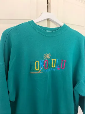Vintage Honolulu Hawaii Embroidered Crewneck Sweatshirt Teal Green Blue XXL thumbnail 3