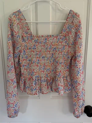 Jopna Floral Smocked Peplum Blouse Square Neck Balloon Sleeve M thumbnail 1