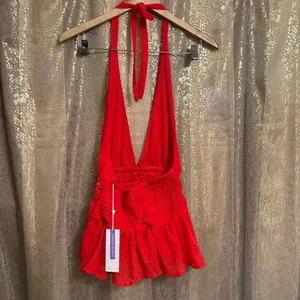 Lotus & Lavender Red Deep V Neck Studded Halter Ruffle Hem Top Medium NWT thumbnail 2