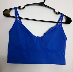 Aerie Bralette Women L Blue Excellent Ribbed Lace Trim Longline Seamless Bra thumbnail 1