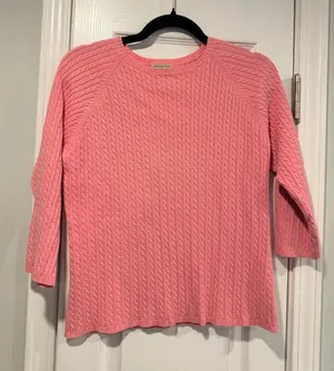 L.L. Bean Size L Pink Crew Neck Cable Knit 3/4 Sleeve Cotton Pullover Sweater thumbnail 1