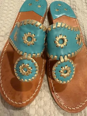 Jack Rogers Turquoise and Gold Leather Palm Beach Flat Sandals Size 6M thumbnail 2