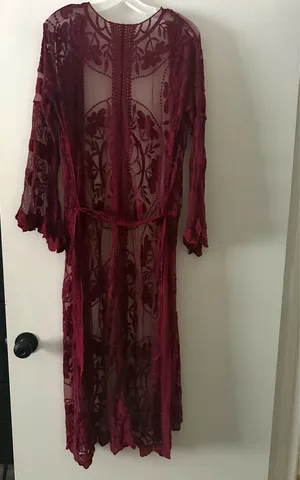 COCO + JAIMESON Burgundy Floral Embroidered Lace Long Duster Kimono XS thumbnail 2
