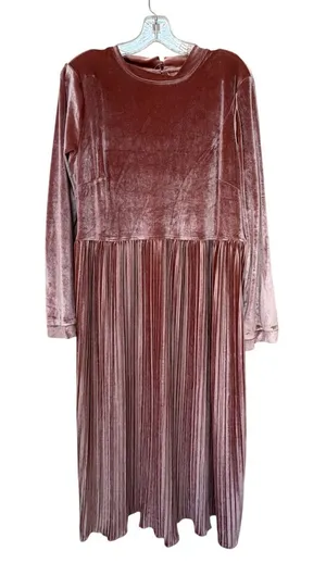 Hayden Dusty Rose Velvet Pleated Midi Dress L Cottagecore Romantic Prairie Boho thumbnail 1