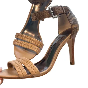 Coach Hally Sandals Womens 6.5 Tan Snakeskin Woven Stiletto Heels A3921 Animal thumbnail 1
