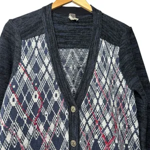 Free People Foxtrot Argyle Knit Cardigan Sweater Women's L Wool Blend‎ Preppy thumbnail 4