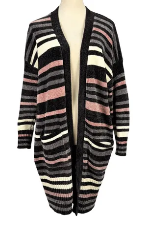Olive + Oak Chenille Longline Cardigan Womens Medium Striped Grey Pink Cream thumbnail 1