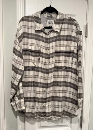 American Eagle Size XL Seriously Lived-In Gray Plaid Flannel Shirt Pearl Snap thumbnail 1