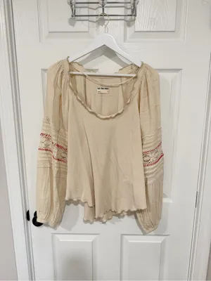 Free People We The Free Lace Sleeve Thermal Boho Peasant Top Cream Small thumbnail 6