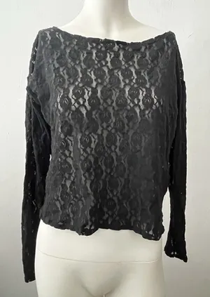 Womens Dark Romantic Sheer Lace Top L Black Long Sleeve Grunge Witchy Goth Punk thumbnail 1