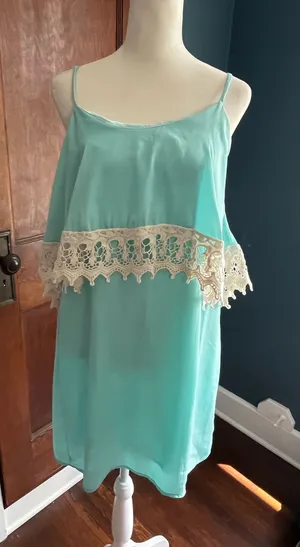 Light Blue Slip Dress with Crocheted Detail thumbnail 1