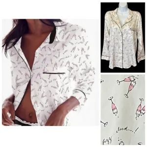 Victoria’s Secret Satin Feel Champagne Print Pajama Top Medium White Pink Black thumbnail 2
