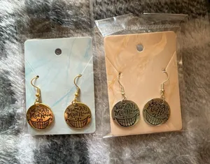 Alice in Wonderland Cheshire Cat 'We're All Mad Here' Dangle Earrings - Gold and thumbnail 1