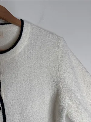 Marled Cream Bouclé Fuzzy Cardigan with Black Trim Minimalist Preppy size M thumbnail 4
