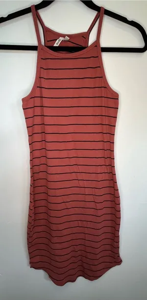 90s Y2K Grunge Mudd Striped Rust Ribbed Halter Bodycon Mini Dress Size Small thumbnail 1
