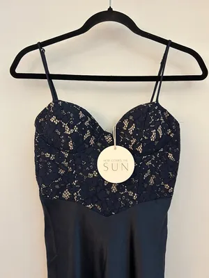 Here Comes the Sun Lace Bodice Satin Maxi Dress Gown in Navy Blue Size S NWT thumbnail 3