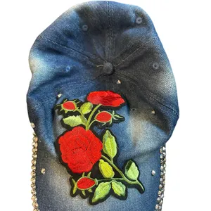 Y2K Denim Rose Baseball Cap Rhinestone Floral Coquette Western Bling Hat thumbnail 6