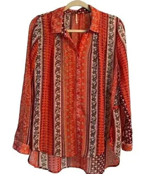 Free People Moonlight Mile Woven Top Hot Coral Floral Size Small‎ thumbnail 1
