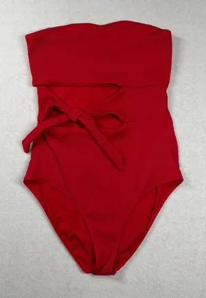 Aerie Real Good Ribbed Strapless Cutout One-Piece Swimsuit Red Medium thumbnail 1
