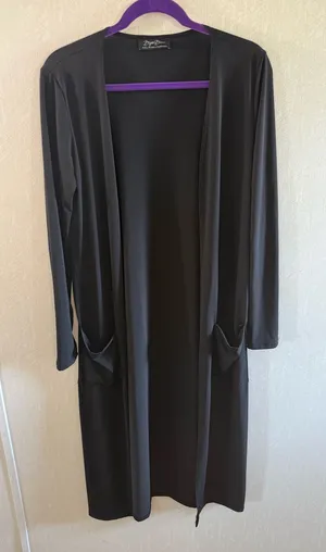 Brigitte Brianna Black Long Duster Cardigan Open Front Pockets Size Small thumbnail 1