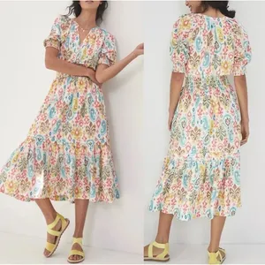 Anthropologie Felipa Maxi Dress Size L Ikat Print‎ Smocked Waist Short Sleeve thumbnail 2