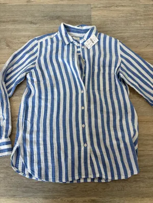 NWT J. Crew Blue and White Vertical Stripe Linen Button-Down Shirt thumbnail 1