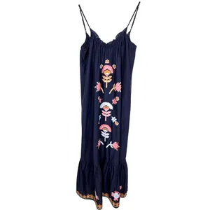 Anthropologie Malika Embroidered Dress Low Scoop Back Ruffle Hem Navy Blue XS thumbnail 2
