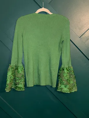 Ribbed Knit Sweater Floral Lace Bell Sleeve V-Neck Romantic Boho Cottagecore thumbnail 3