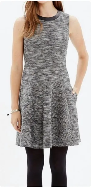 Madewell Womens 10 Anywhere Dress Mini Skater Black White Tweed Faux Leather‎ thumbnail 1