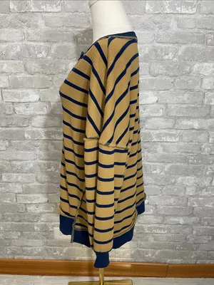 Fashion Striped Crewneck Henley Top in Tan & Navy thumbnail 2