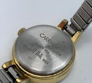 Carriage by timex 22mm ladies gold silver watch white dial size 6.5” w/battery thumbnail 6