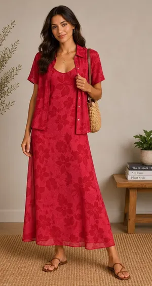 Robbie Bee Silk Floral 2 Piece Dress & Shirt Set Womens 14 Red Tropical Romantic thumbnail 1