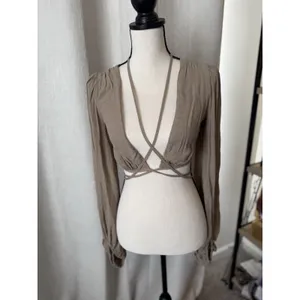 Princess Polly Cropped Top Womens 2 Beige knit Long Sleeve Boho Tie Waisted thumbnail 9