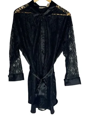 Vintage Gold Label Victorias Secret Satin‎ And Lace Robe Black Whimsigoth M/L thumbnail 1